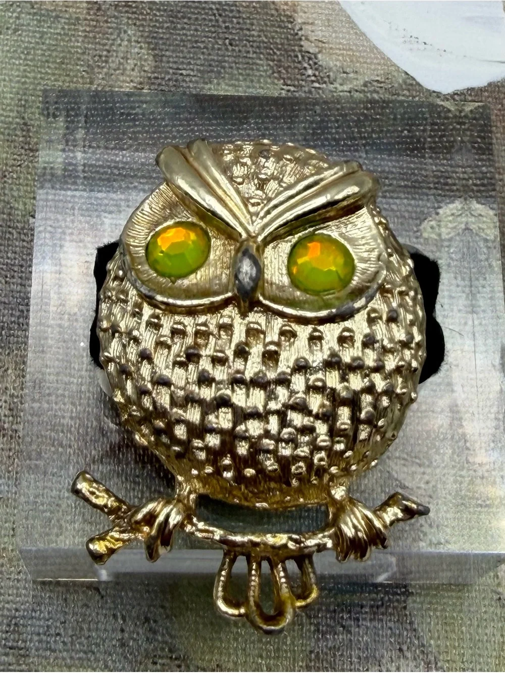Sarah Coventry Gold Tome Owl Pin with Yellow-Green Rhinestone Eyes-Vintage
